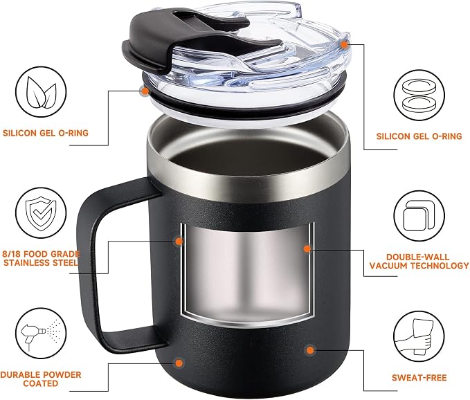 12oz Stainless Steel Insulated Coffee Mug with Handle, Double Wall Vacuum Tumbler Cup with Fliping Lid, Black, 2 Pack