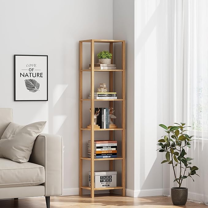 TUTOTAK Bookshelf, 6-Tier Tall Book Shelf, Narrow Bookcase for Small Space, DIY Stackable Bookshelf, for Living Room, Office, Study, Entryway, Industrial, Natural BS01BN006