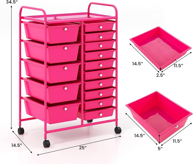 Giantex 15 Drawers Rolling Cart, Classroom Organizers, Storage Cart with Wheels, for Teacher Office Home School Supplies Tool Craft Art Paper