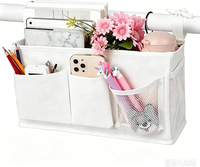 Lilithye Bedside Caddy Bedside Organizer Bedside Storage Caddy with Fixed Straps and Water Bottle Holder for Home College Dorm Bunk Bed Hospital Bed Crib Bed Rails (New White-1)