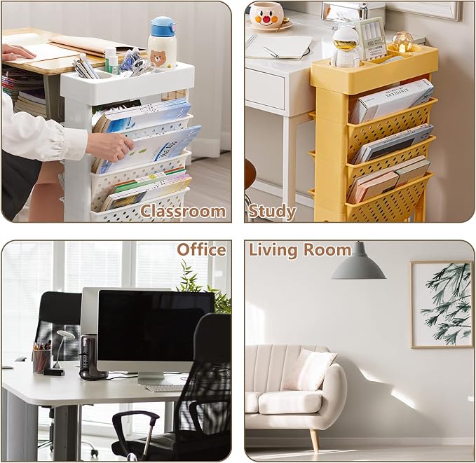 Yellow Rolling Office Paper Organizer, Mobile Book Cart Document Folder File Storage with Pen Holder, Slim Rolling Storage Cart Movable Bookshelf for Office, Dorm, Classroom, Nursery