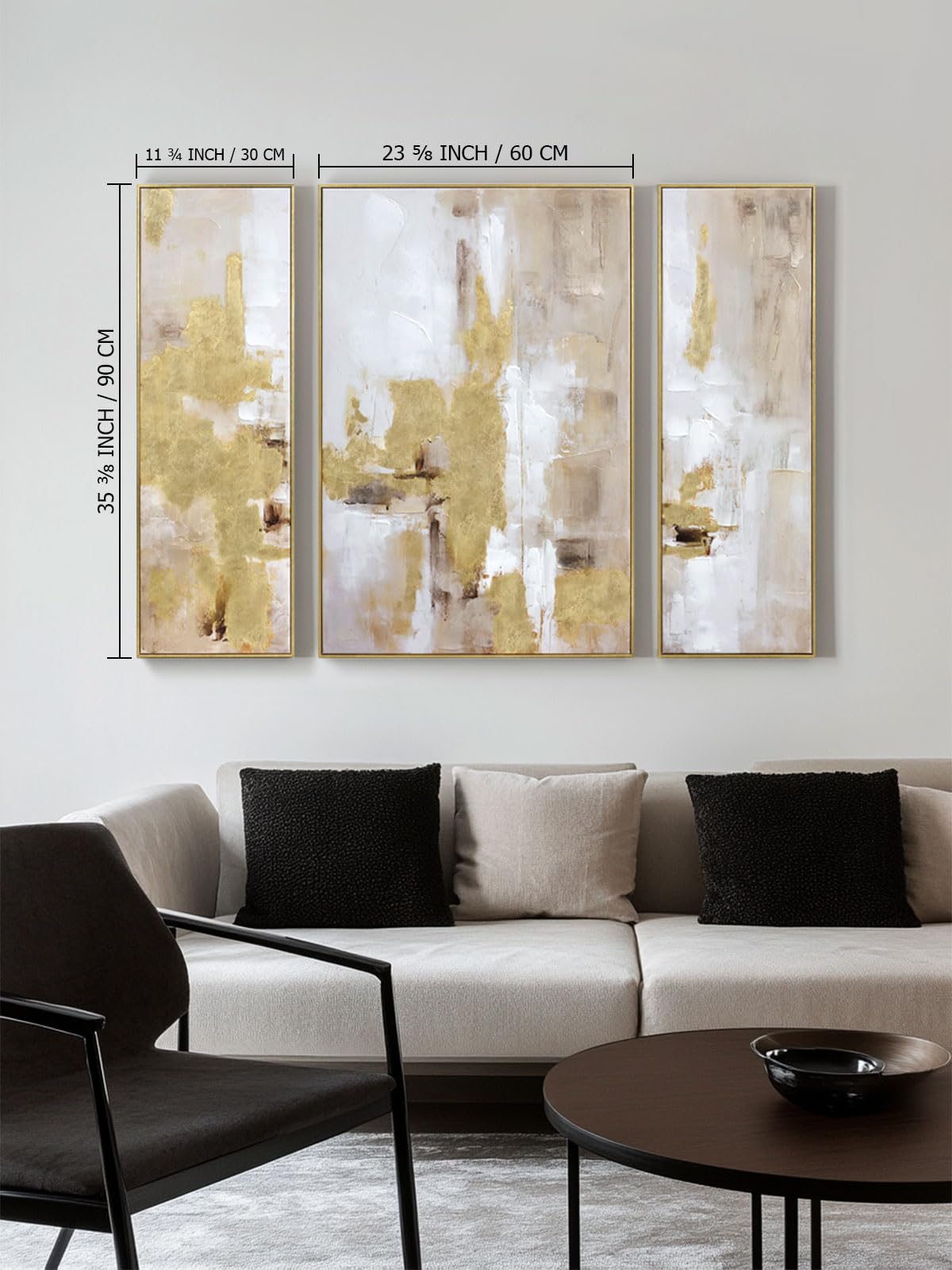 3 Piece Abstract Wall Art for Living Room – Gold and Beige Modern Textured Canvas Prints with Hand-Applied Brush Strokes, Large Wall Decor for Bedroom, Office, or Dining Room, 2 Piece 12 x 36 and 1 Piece 24 x 36 Inches