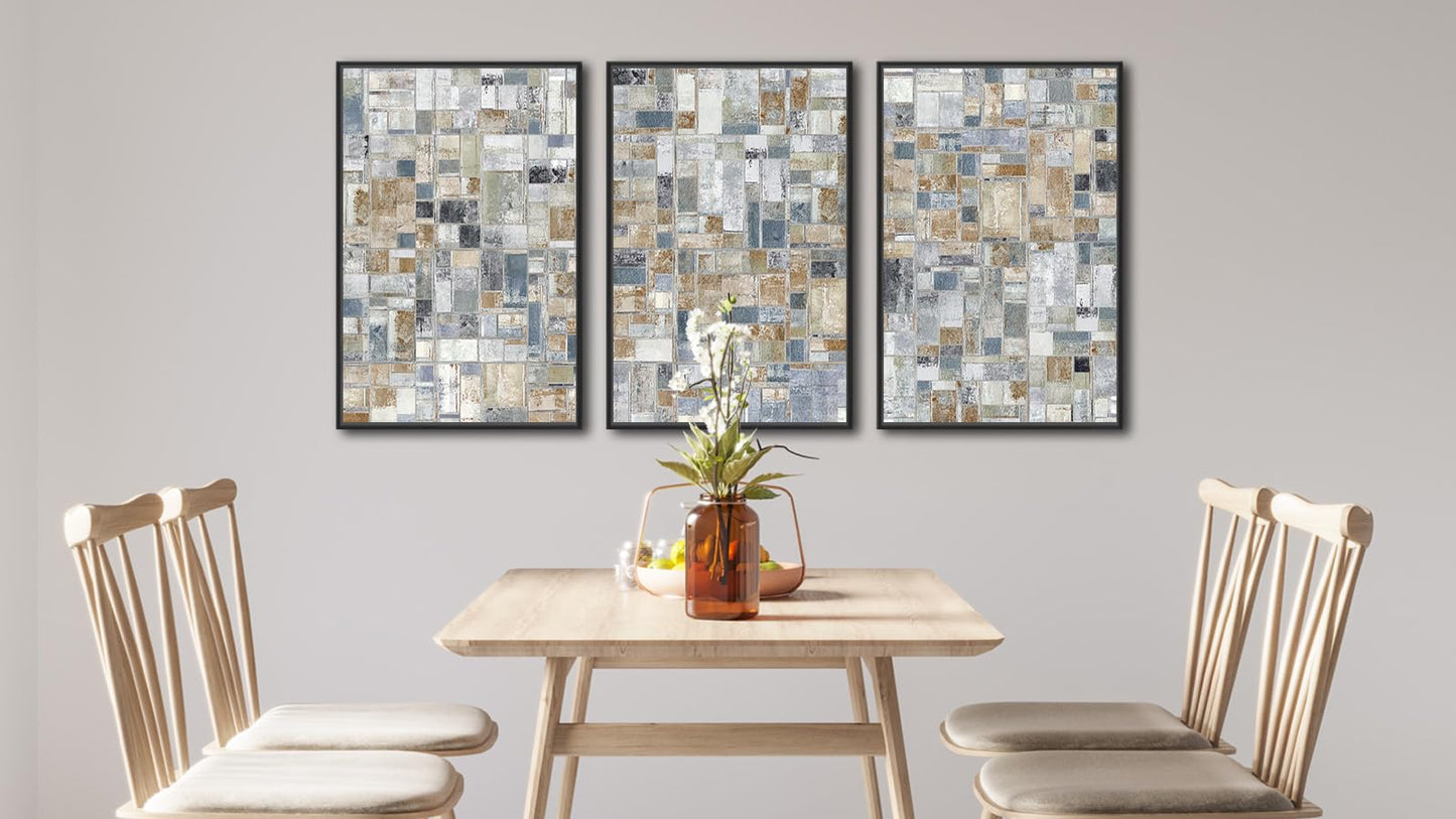Large Framed Abstract Wall Art - Retro Block Wall Decor Painting 20"x28" Set of 3 Modern Wall Art Prints Rustic Mosaic Canvas Pictures for Living Room Bedroom Office Artwork