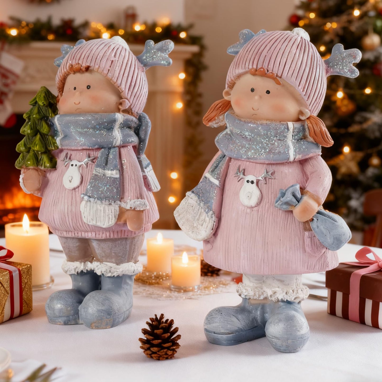 Brizoria Christmas Home Decor Cute Girl Dolls Set of 2 Resin Miniature Figurines with Reindeer Hats Winter Decorations for Home Mantel Tiered Tray Tabletop Christmas Decorations Indoor