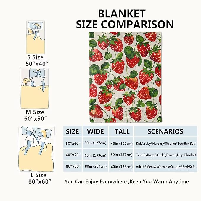 Strawberry Blanket Lush Red Strawberries Throw Blankets with Green Leaves,Birthday Gifts for Kids Adult Women,Lightweight Soft Fleece,for Sofa Couch Bed Room Farmhouse Decor 50x60in
