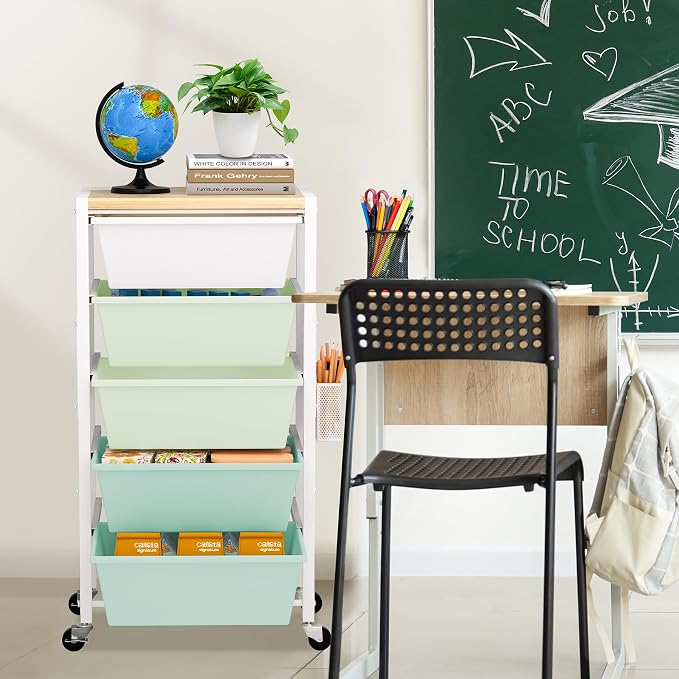 Rolling Cart with Drawers, Rolling Storage Cart with Large Plastic Drawers & Wooden Tabletop, Utility Cart with Pegboards & Basket, Storage Drawers Cart for Living Room, Classroom, Bedroom, Office