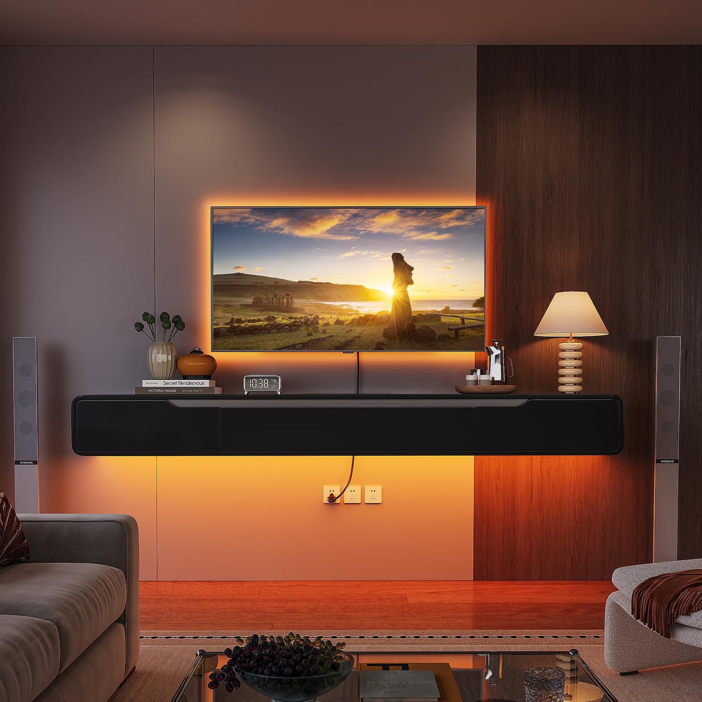 FurniNova 55'' Floating TV Stand with Drawers, Wall Mounted TV Console, High-Gloss Floating Entertainment Center Under TV Shelf for Living Room Bedroom,Fully Assembled,Black