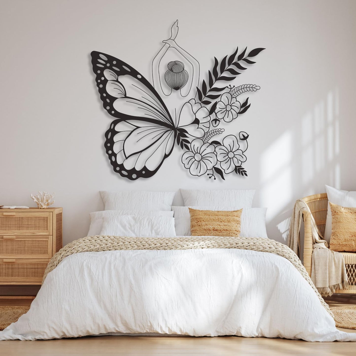 Cadeali Butterfly Woman Metal Wall Art, Flower Butterfly Wall Decor, Minimalist Line Art, Flowers Decorations, Home Living Room Decor, Gifts for Her (19 x 17 inch | 47 x 43 cm, (White)