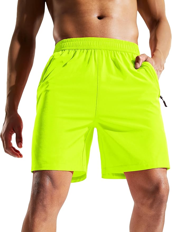 MIER Men's Quick Dry Running Shorts with Zipper Pocket, Elastic Waist Athletic Workout Exercise Fitness Shorts, 7 Inch