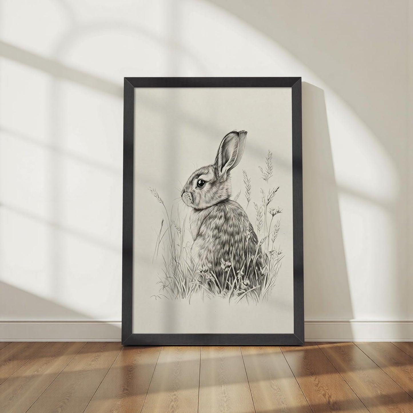 Wild Rabbit Wall Art, 8X10 Inch Black Framed Nature Wildlife Art Poster, Black And White Animal Canvas Print, Farmhouse Wall Decor For Living Room Bedroom Office Ready To Hang