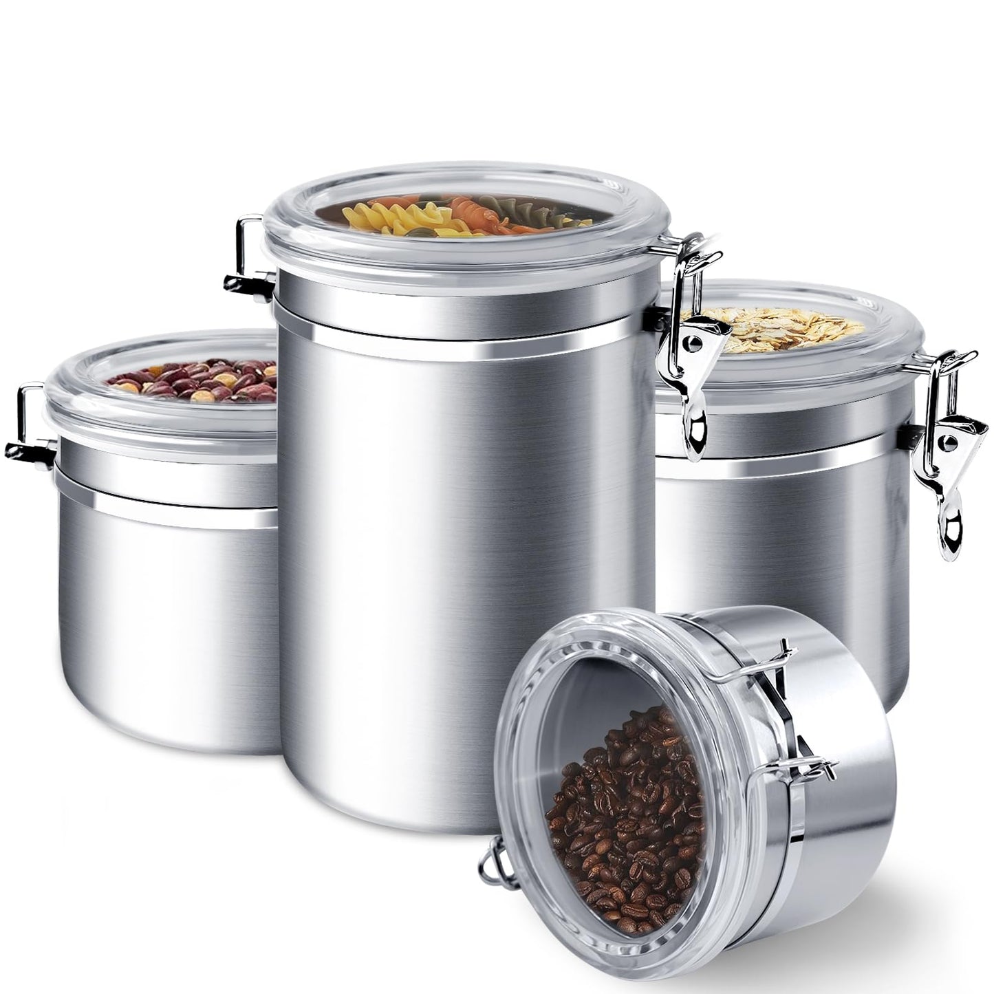 ENLOY 4-Piece Stainless Steel Airtight Food Storage Canister Set with Clear Lid, Containers Sets for Kitchen Counter for Sugar, Flour, Tea, Candy, Cookie, Spice, 28/32/38/65 oz