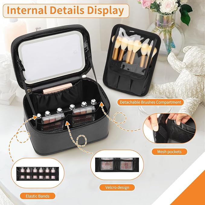 OCHEAL Makeup Bag with LED Mirror, Travel Cosmetic Organizer Vanity Case with 3 Color Setting Light Up Mirror for Women Beauty Tools Accessories Rechargeable - Black