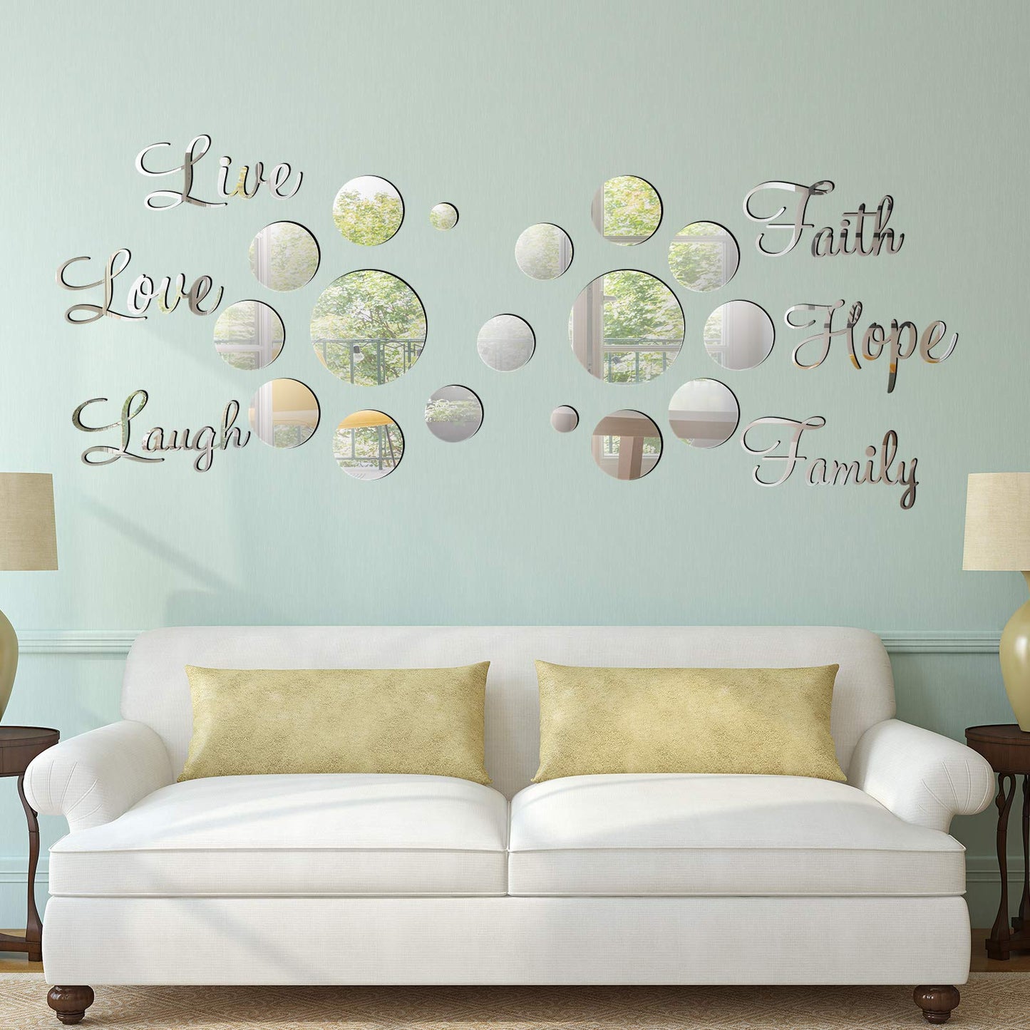 Zonon 3D Acrylic Mirror Wall Decor Stickers 6 Word DIY Faith Live Laugh Hope Love Family Mirror Wall Decor 26 Solid Circle Stickers for Home Bedroom Office(Silver)