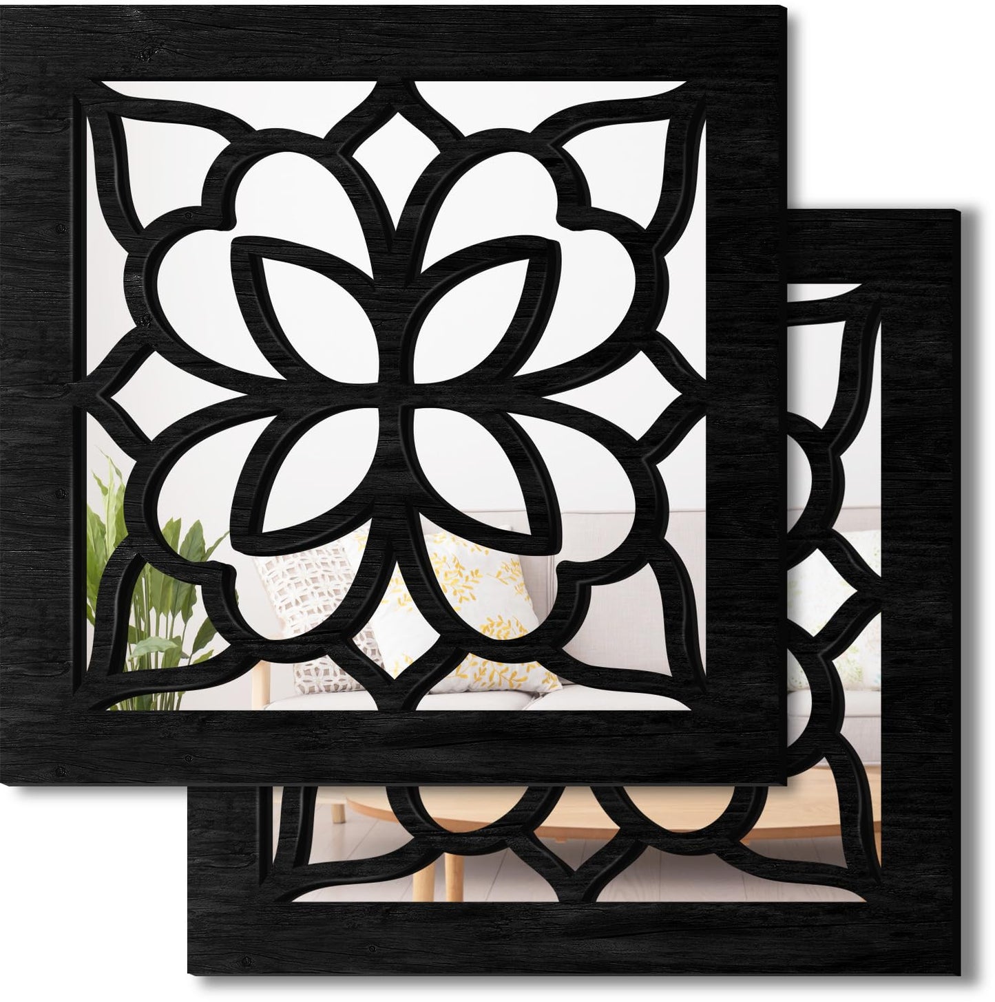 KOYILTD 2 PCS Square Wall Mirror,Rustic Farmhouse Wall Mirrors,12 inch Small Mirror Art (style2 Black)