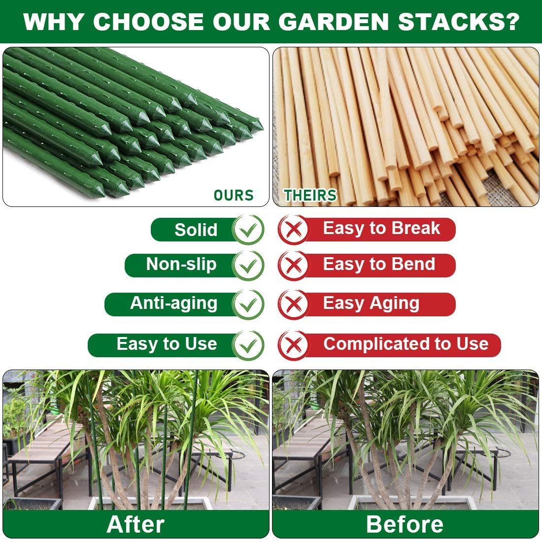 Mininfa Plastic Coated Metal Garden Stakes 57 Inch (Approx 5 FEET), Steel Plant Stakes Supports Climbing for Tomatoes, Trees, Beans, 25 Pack