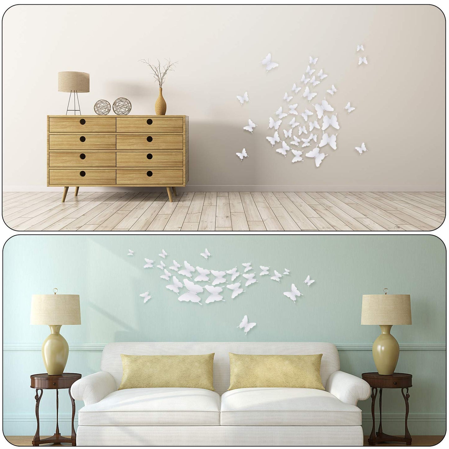BBTO 48 Pieces Butterfly Wall Decor DIY 3D Mirror Butterfly Stickers Removable Decals Crafts for Birthday Party Bedroom School Bathroom Living Room Decor(White)