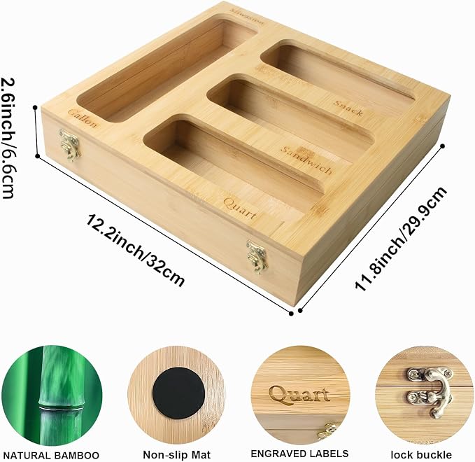 Bamboo Food Bag Organizer for Kitchen Drawer, a bamboo 4 slots - made dispenser container for plastic bags.Suitable for Gallon Quart Sandwich & Snack Variety Size Bag