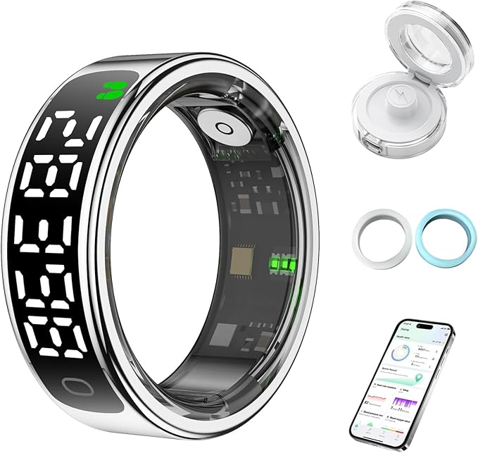 Smart Health Ring for Women Men, Smart Ring Fitness Tracker for iOS Android, Heart Rate, Blood Oxygen, Blood Pressure, Sleep Monitoring,5ATM Waterproof, No Subscription Fee (Silver, 13#)