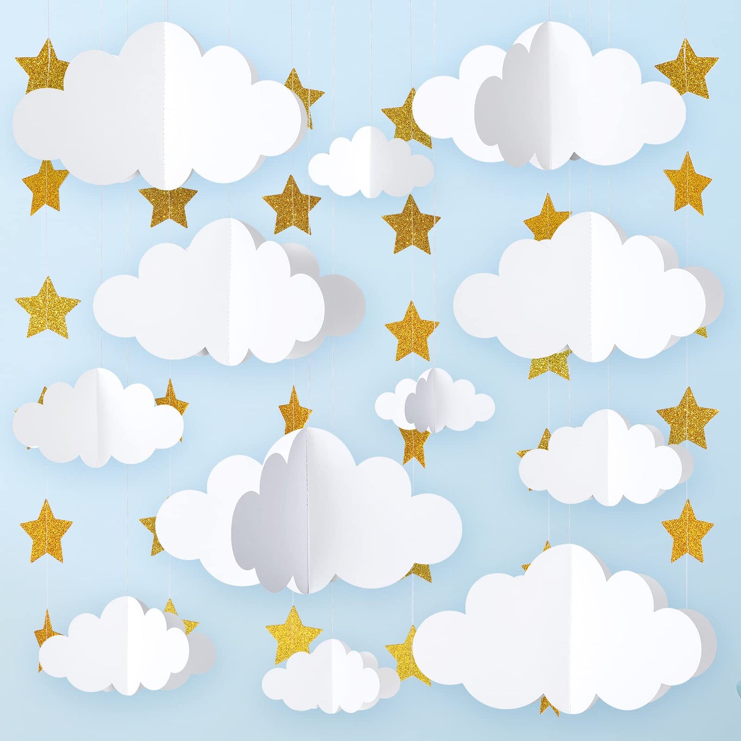 Hotop 18 Pcs 3D Cloud Party Decorations Hanging Clouds with Stars Garland White Paper Decorations for Baby Shower Wedding Ceiling Party Room Decor