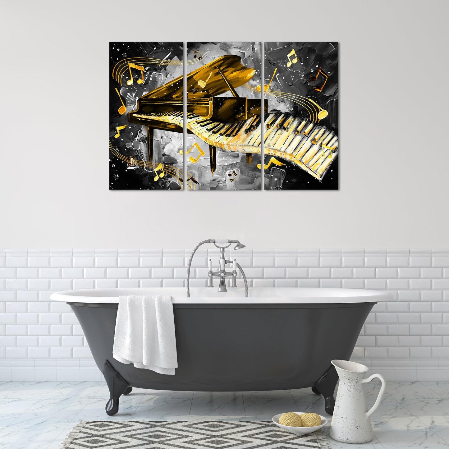 iHAPPYWALL 3 Pieces Piano Canvas Wall Art Black and Gold Music Picture Panting Prints Musical Notes Instrument Contemporary Artwork For Bedroom Classroom Decoration Ready to Hang