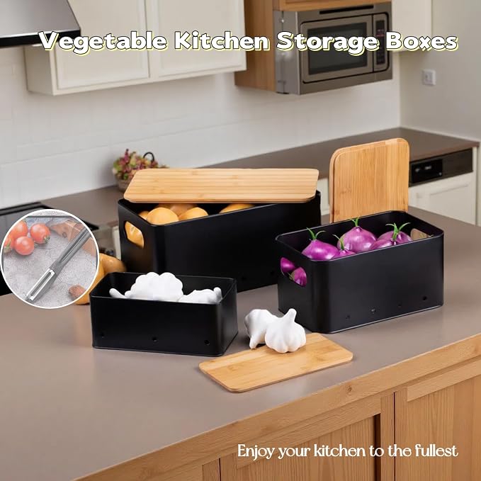 Modern kitchen storage container, stacked metal storage box, 3-piece set with wooden lid design, onion, garlic, potato metal cans, breathable storage box (Black)