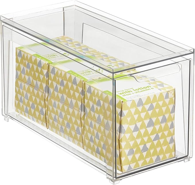 mDesign Plastic Stackable Bathroom Storage Organizer Bin Containers with Front Pull Drawer for Bathroom Countertop, Vanity, Closet Shelves - Holder for Accessories - Lumiere Collection, 2 Pack, Clear