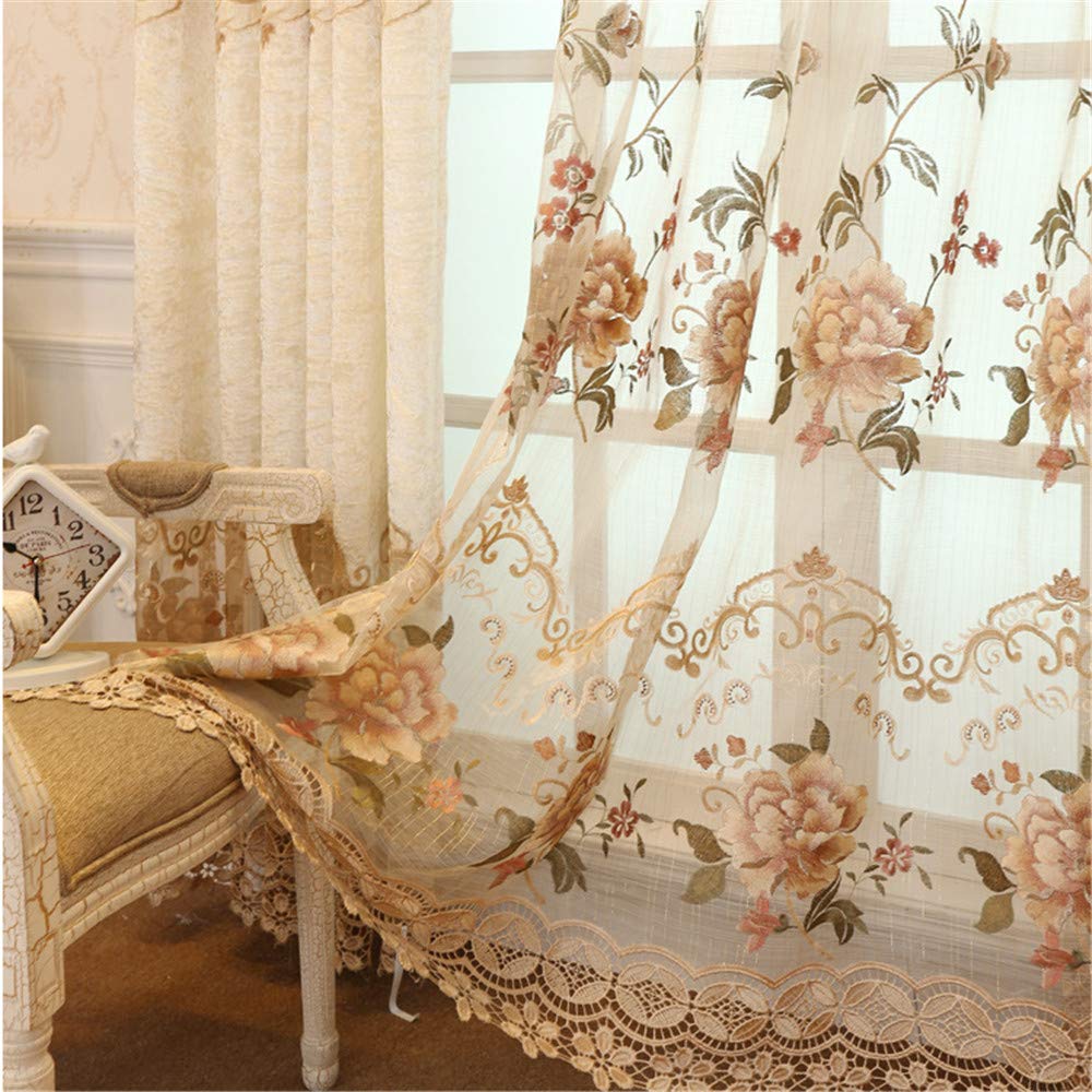 WPKIRA Delicate European Embroidered Floral Sheer Curtains Rod Pocket Royal Romantic Window Treatment Voile Curtain for Bedroom/Villa Natural Light Flow Luxury Tulle Curtain 1 Panel W40 x L84 inch
