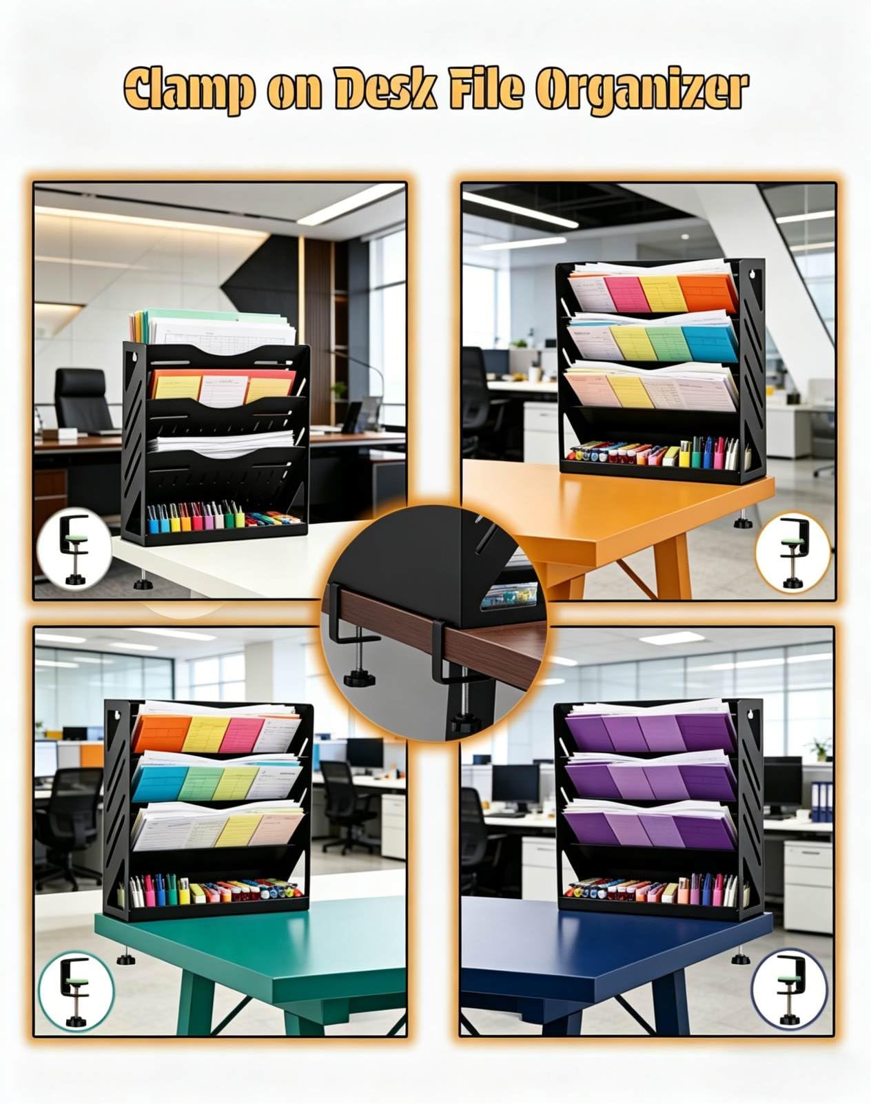 Yuxh 13 inch Clamp Desk File Organizer 4 Tier Wall Mail Holder Multi-mount Hanging Paper Rack Stable without Shaking Office Bills Storage with Bottom Tray, Clip on Table Vertical Folder Shelf