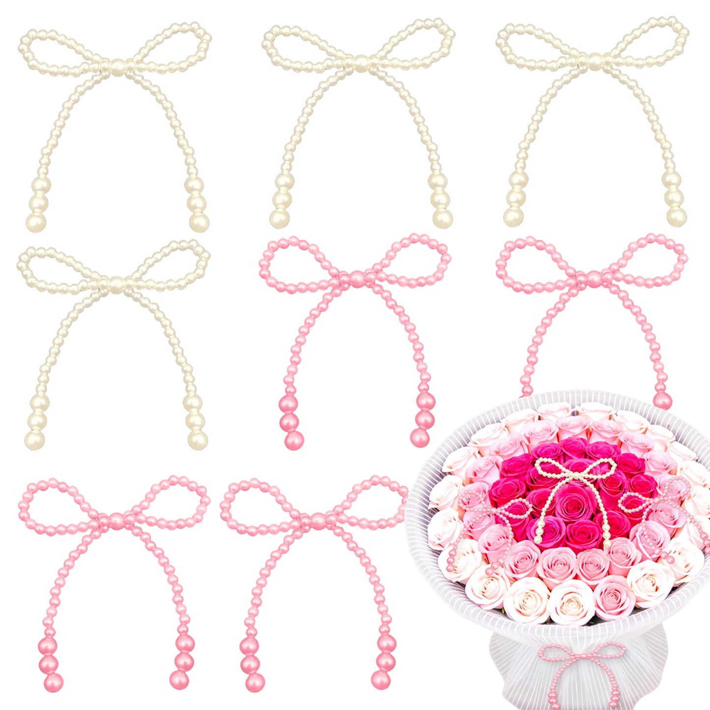 8PCS Pink White Pearl Bow Decoration for Bouquets Pearl Bow Cake Decor Topper Beaded Bridal Shower Decoration for Wedding Bridal Shower Birthday Gift Wrapper
