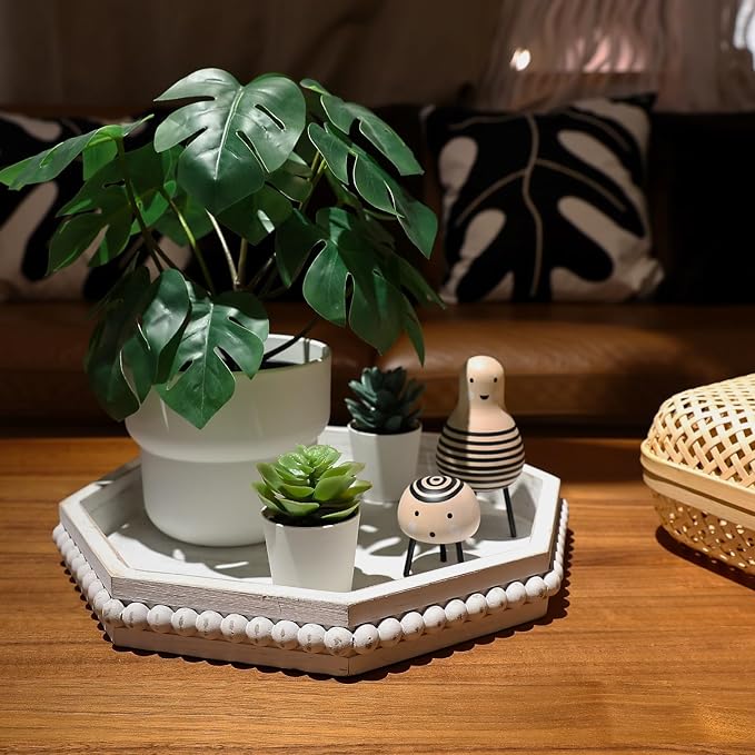 Hrastany Whitewashed Octagonal Wood Decorative Tray, Small Farmhouse Wooden Serving Tray with Beads, Versatile Shabby Chic Coffee Table Tray for Kitchen Counter, Ottoman, Living Room