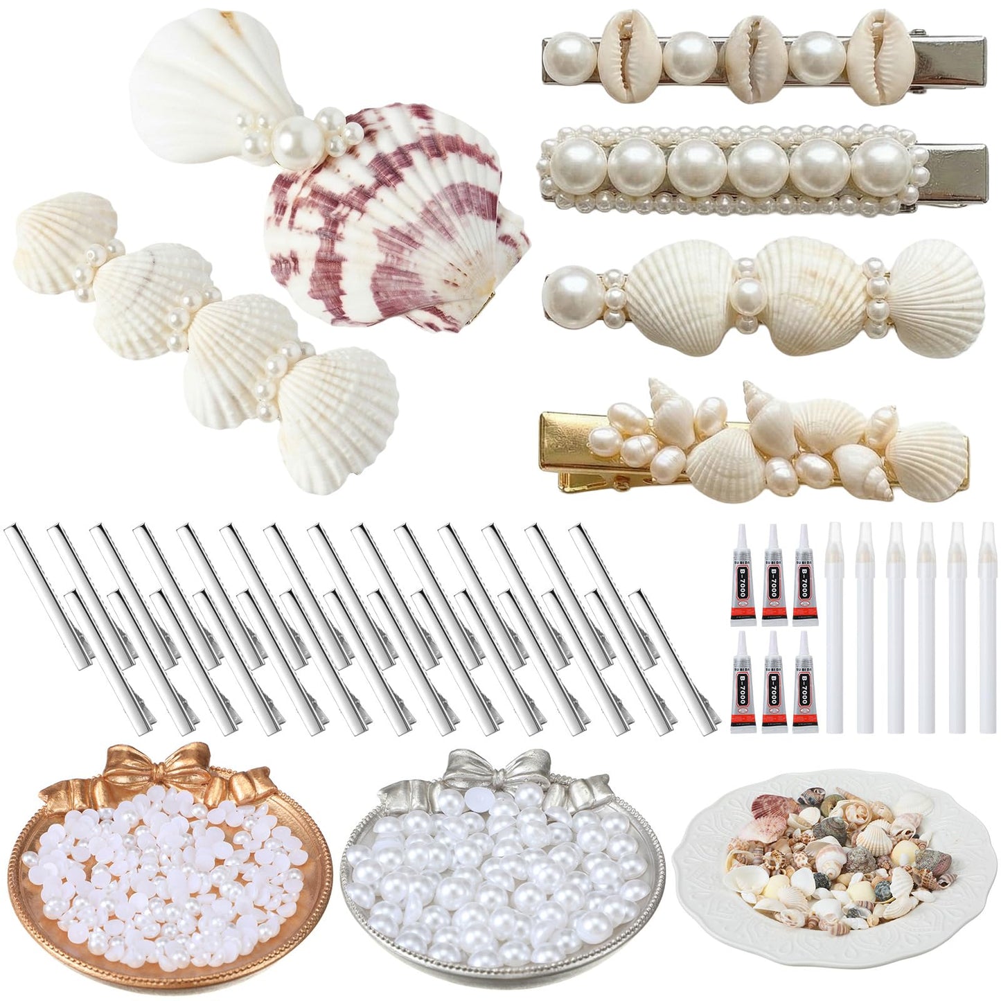 XunYee 30 Set DIY Hair Clips Kit Decorating Alligator Hair Clips to Craft Kit with Shells Pearls Dotting Pen Glue for Women Crafting Night DIY Party Supplies