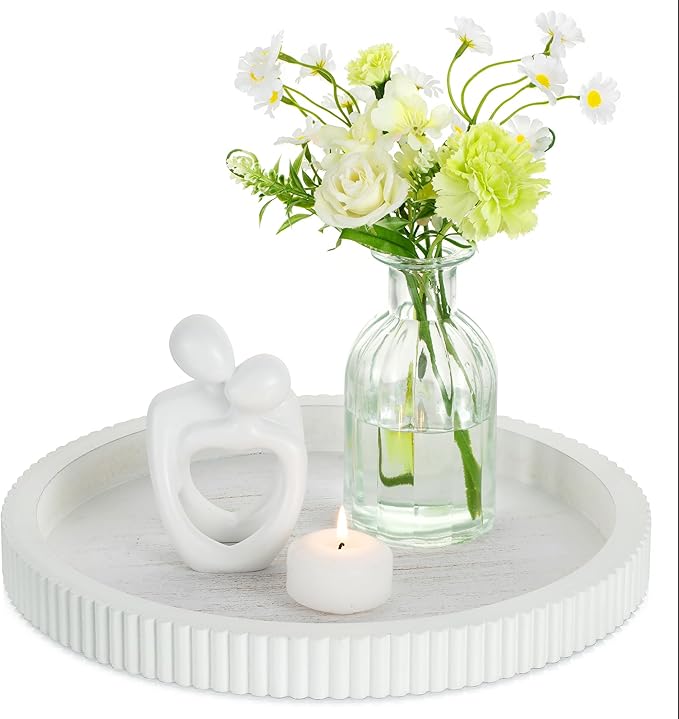 Hanobe Decorative Tray for Coffee Table: White Round Trays for Living Room Ottoman Centerpiece Home Decor 12" Modern Farmhouse Topper Dining Kitchen Island Tabletop Display