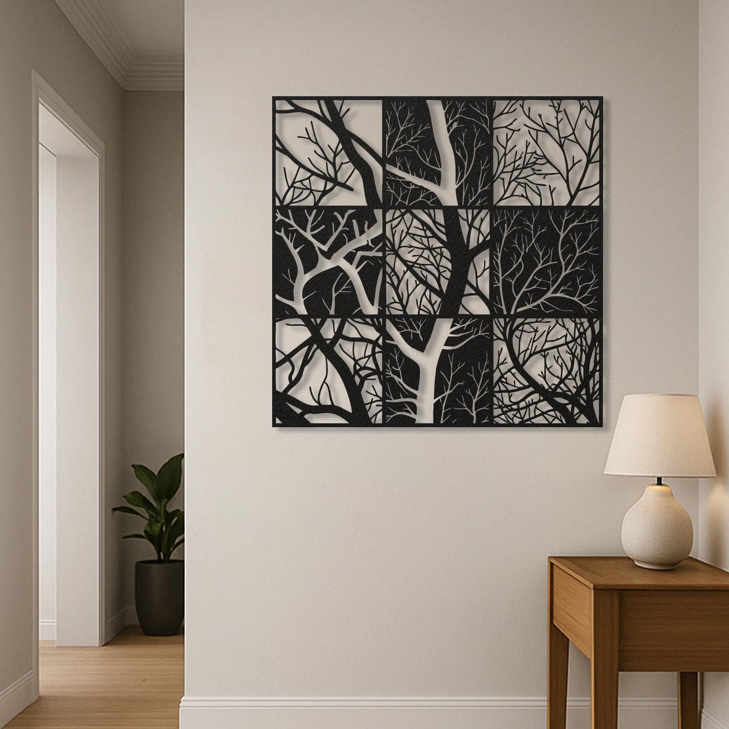 Modern Tree Branch Metal Wall Art Abstract Black and White Sculpture for Living Room, Office, Hallway, Nature-Inspired Home Decor (Black, 35" x 35" / 90 x 90 cm)