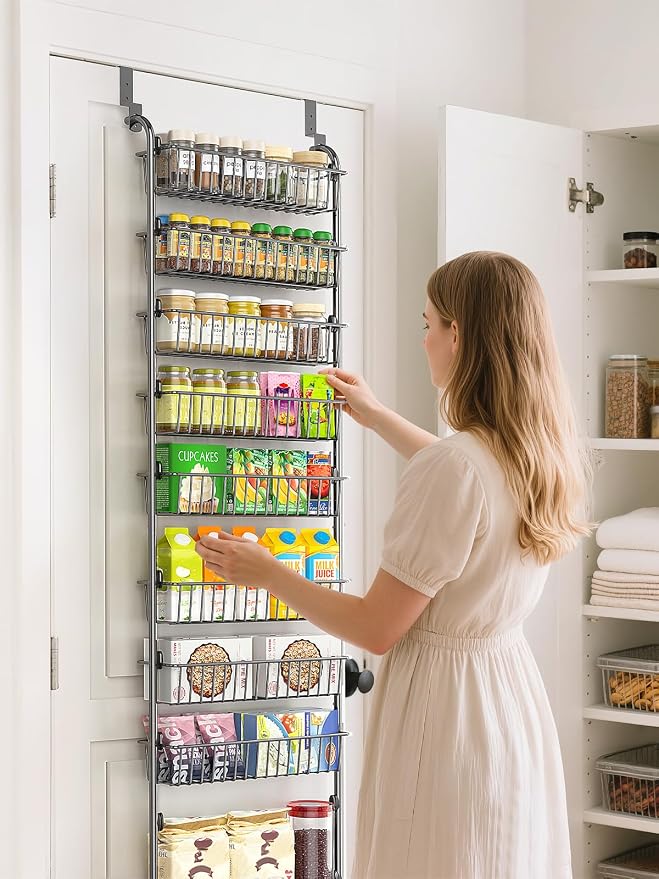 Delamu Over The Door Pantry Organizer, 9-Tier Pantry Door Organizers and Storage with Adjustable Basket, Metal Hanging Spice Rack, Seasoning Organizer, Door Organizer for Home Kitchen Bathroom, Black