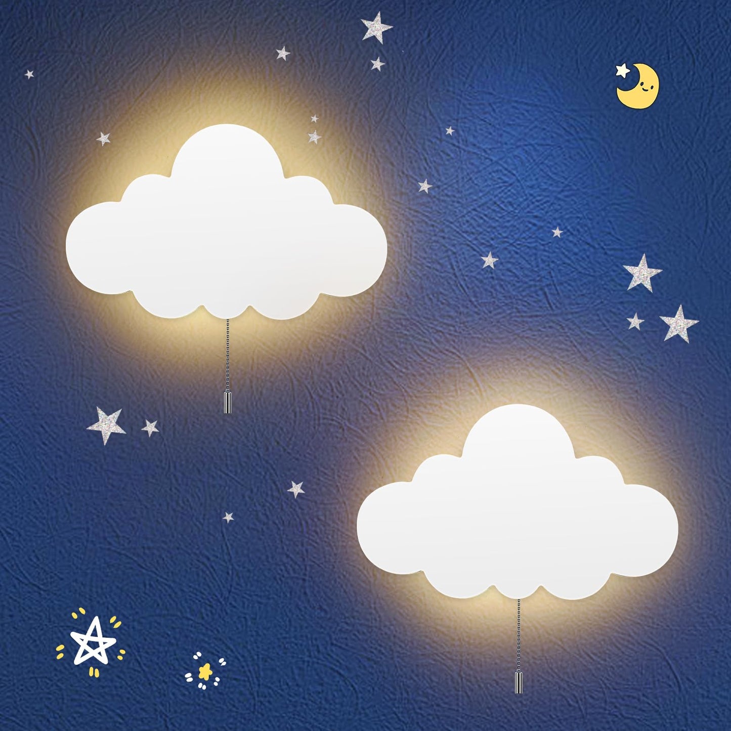 KNYELYNS 2 Pack Cloud Light - Battery-Powered Wall Lamp for Nursery, Kids Bedroom & Baby Room, 3000K Warm Night Light with Pull-String Switch, Cordless 3.7V, Lightweight 13x8in (No Charging Needed)