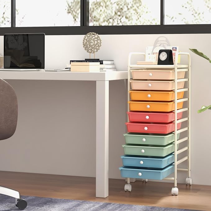 MEDIMALL 10 Drawers Rolling Storage Cart, Multipurpose Craft Storage Cart with Wheels, Mobile Tools Scrapbook Paper Organizer Cart for Office School Home Use