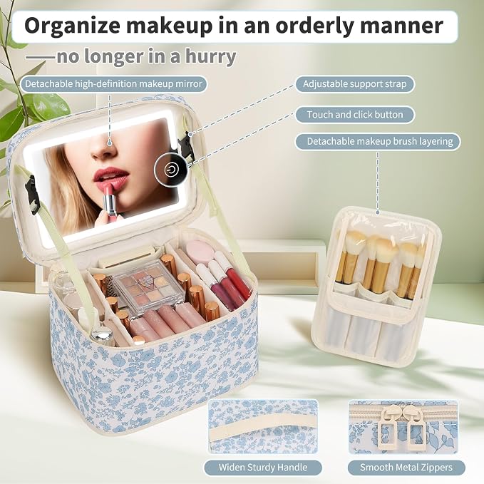 OCHEAL Large Makeup Bag With LED Mirror, Lightweight Travel Makeup Bag With 3 Color Setting Light Up Mirror Cosmetic Makeup Organizer Vanity Case for Women Beauty Tools Accessories Train Case-Floral