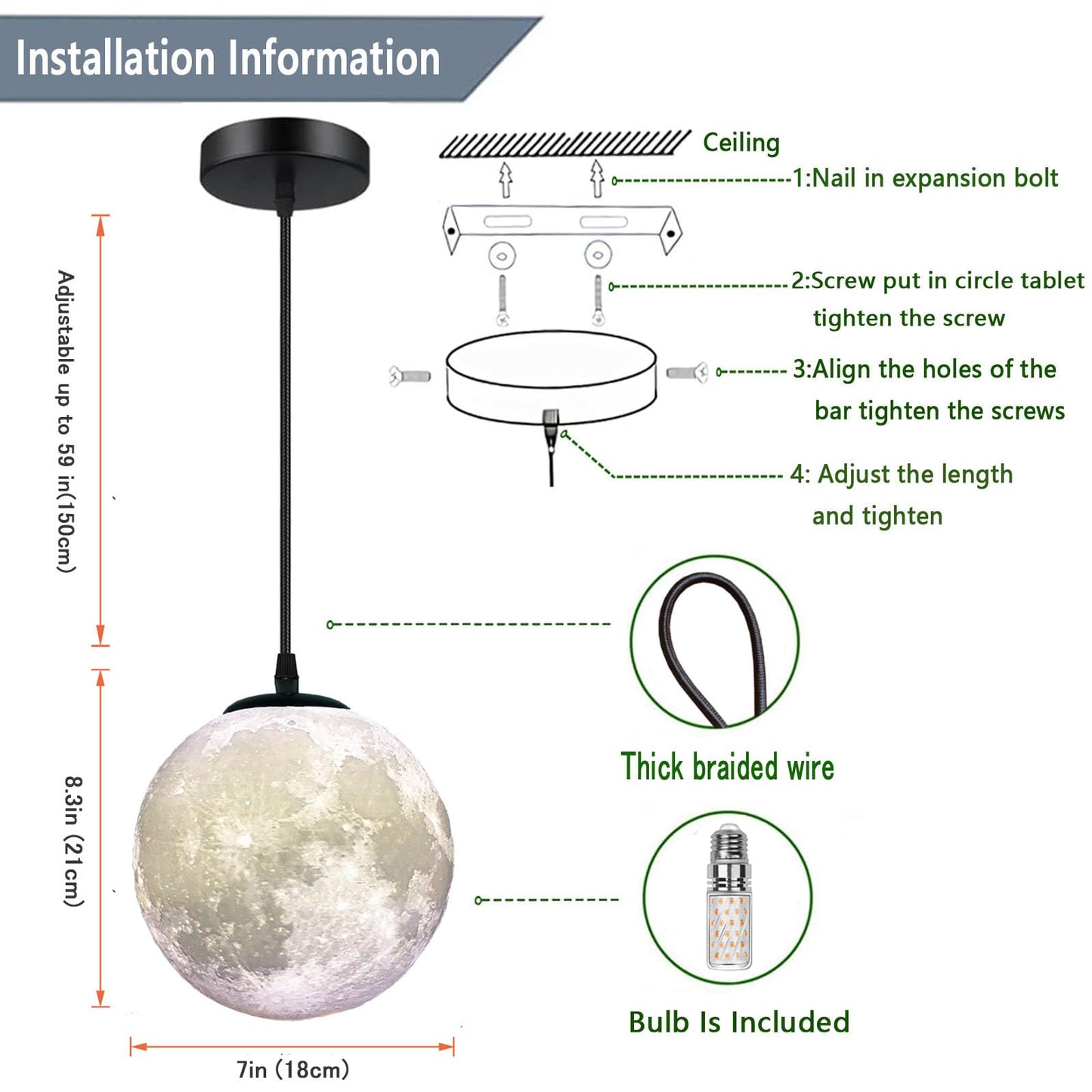HFUGUD Modern Led Moon Pendant Lights Fixture,Light Up Globe Night Light,3D Printed Galaxy Moon Lamp for Kids and Adults Bedroom Childrens Room Etc Ceiling Light Decor Gift (LED Bulb Included)