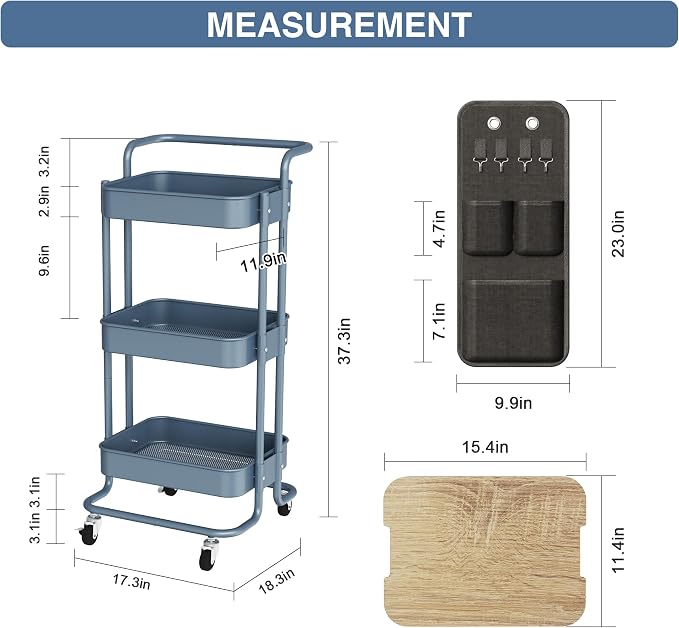 DTK 3 Tier Metal Utility Rolling Cart with Table Top and Side Bags, Metal Tray Storage Organizer Cart with Wheels, Art Craft Cart with 4 Hooks for Kitchen Bathroom Office Living Room (Blue)
