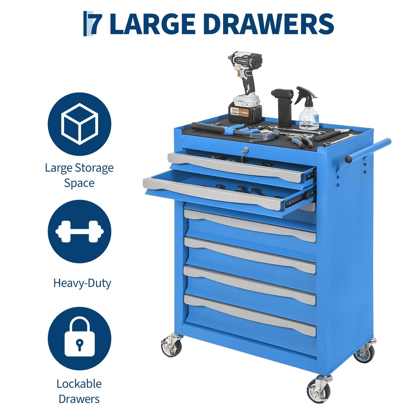 7-Drawer Tool Chest, Rolling Tool Cart with Wheels, Large Capacity Tool Storage Cabinet with Keyed Locking,Drawer Liners&Link Buckle, for Garage, Workshop, Warehouse,24.21"L * 13.78"W * 34.06"H Blue