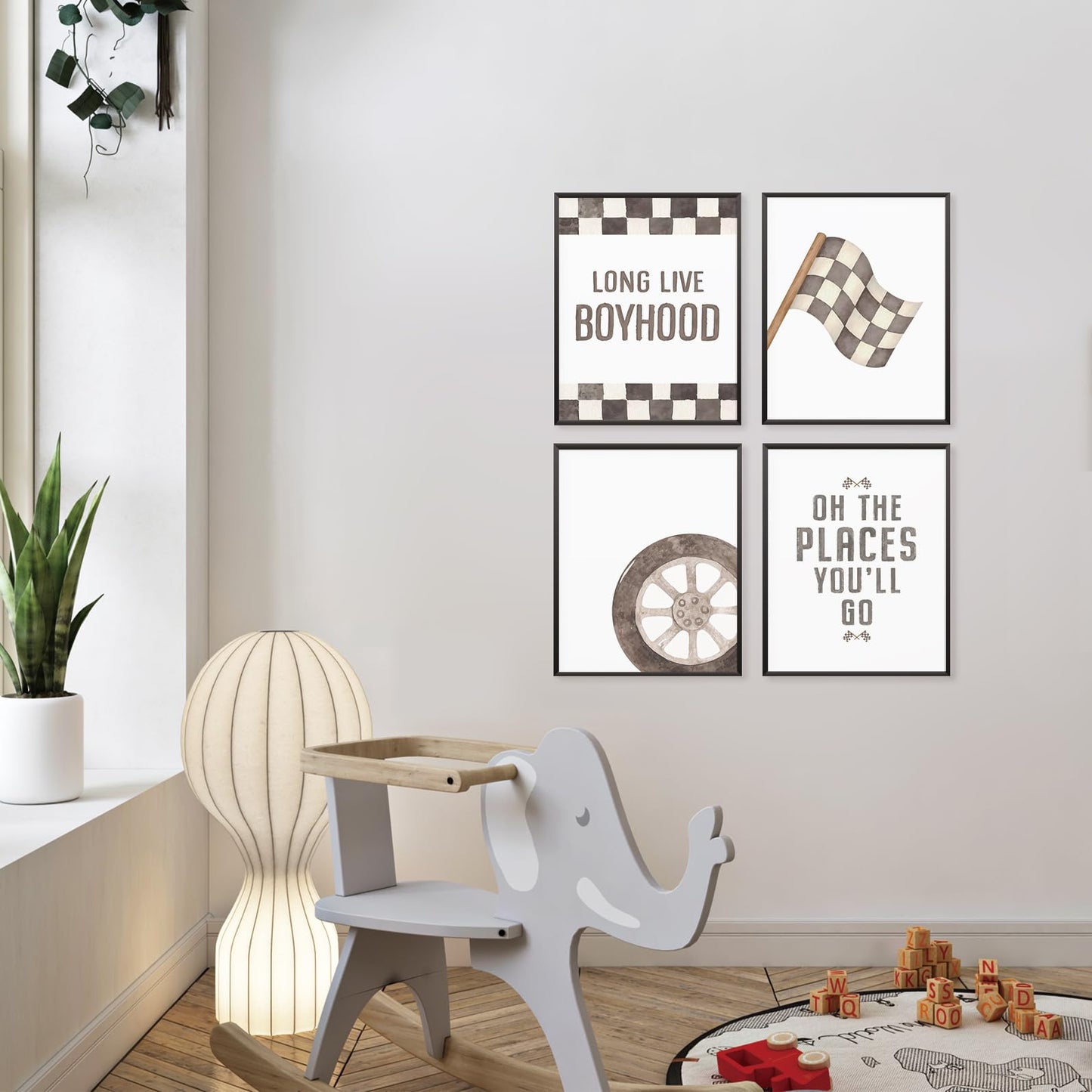 Locomiss Boys Race Car Room Wall Decor, Toddler Nursery Boy Race Cars Art Themed Checkered Play Room Wall Decor Posters For Boys, Toddler Bedroom Playroom Essentials, Set of 4(8x10 Unframed)