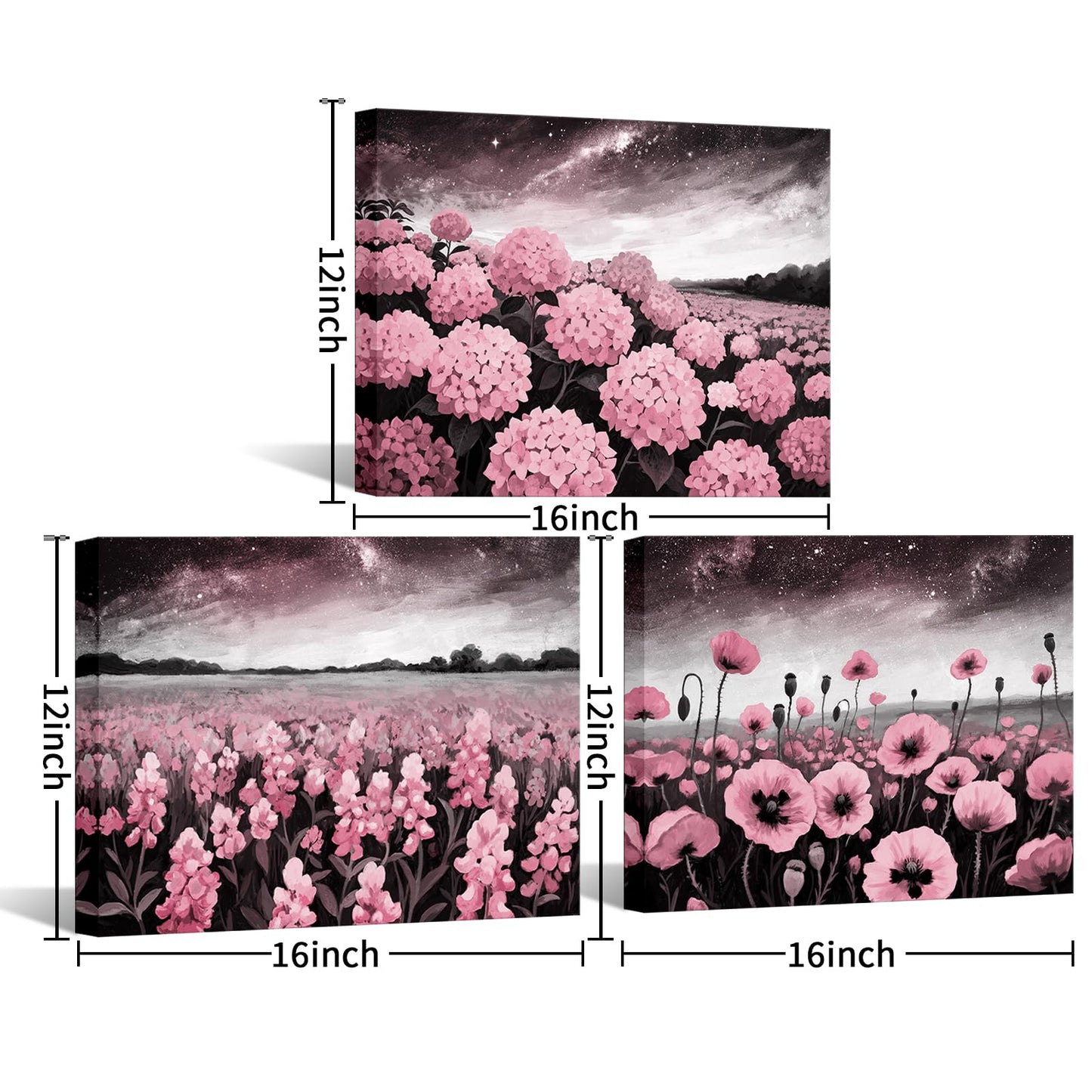 NutArtPic Flower Wall Art Hydrangea Pictures Poppy Paintings Bluebonnet Wildflower Artwork Prints for Home Decor 12''x16''x3pcs (pink)