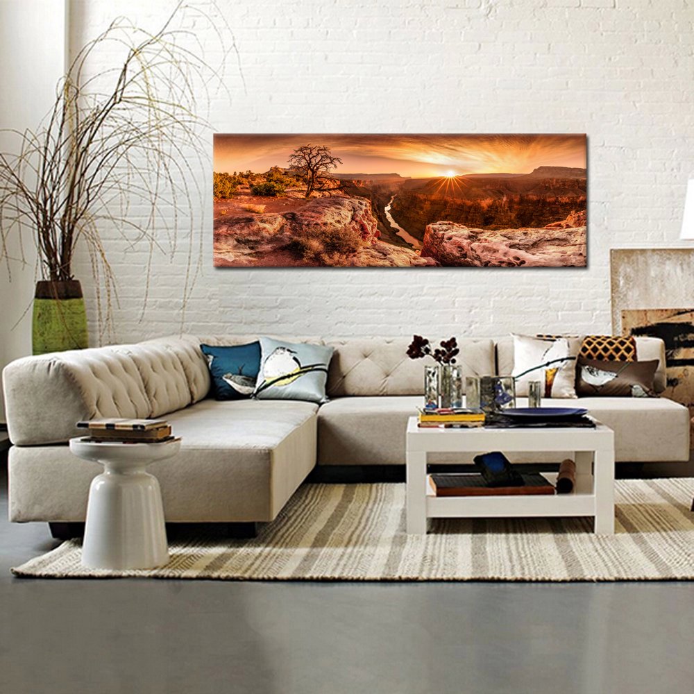 KREATIVE ARTS Large Canvas Wall Art Beautiful Landscape of Grand Canyon National Park Arizona USA Panoramic Sunset Moment Pictures Modern Home Decor Stretched and Framed Ready to Hang 55x20inch