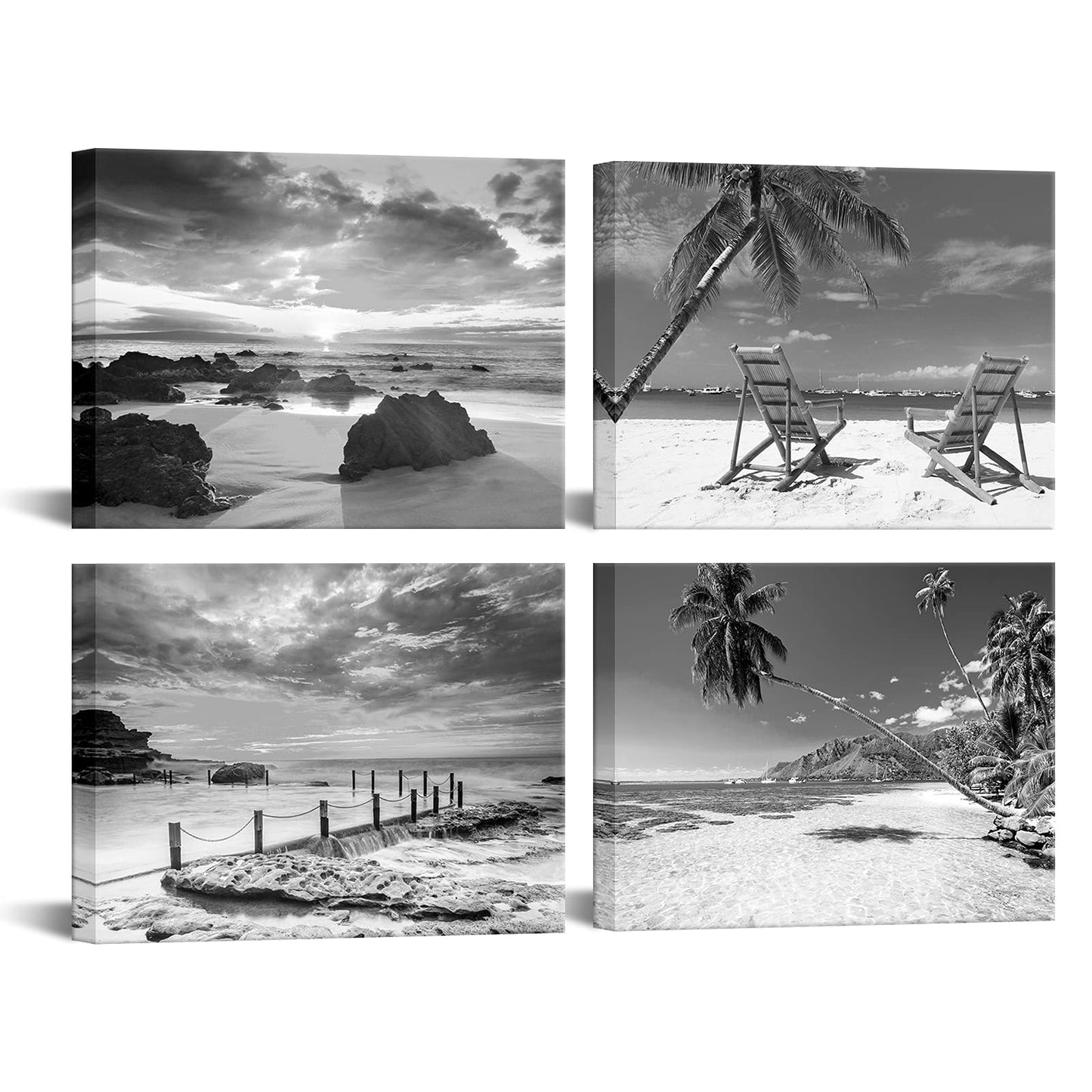 Nachic Wall Black and White Beach Wall Art Sea Sunrise Pictures Palm Tree Landscape Painting on Canvas Modern Home Living Room Bathroom Decor