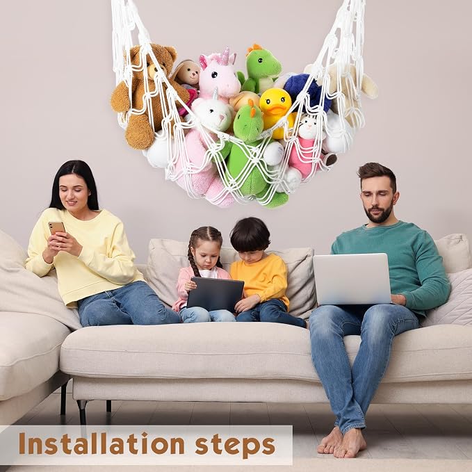Photect Large Wall Mounted Blanket Organizer Wall Hanging Blanket Holder Plush Net Corner Stuffed Animal Holde Storage Hanging Toy Hammock Organizer for Living Bedroom Huge Capacity