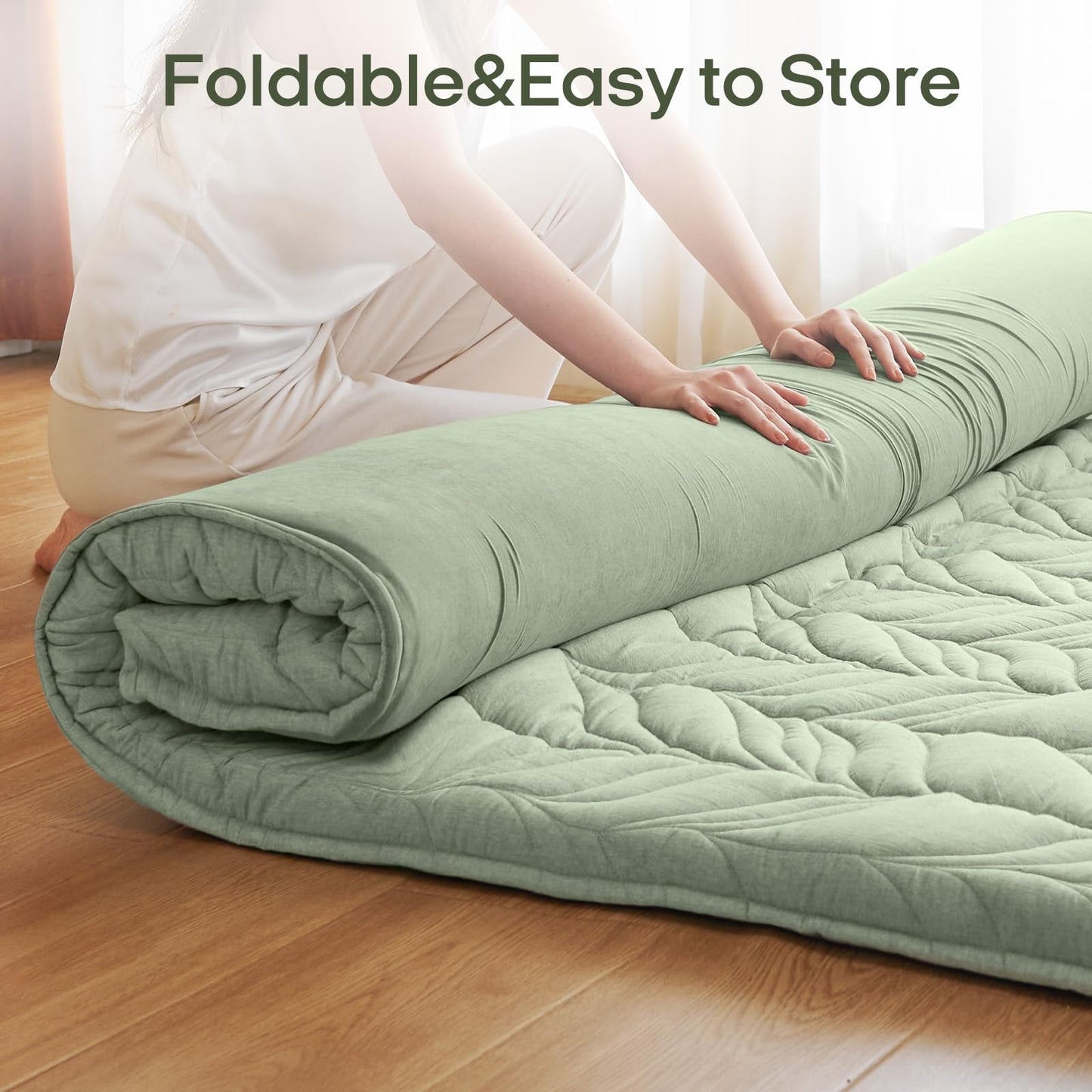 ZonLi Japanese Floor Mattress Futon Mattress Twin Size, Thicken Roll Up Tatami Mat 100% Cotton Washable Cover, Portable & Foldable Floor Bed Mattress for Sleeping, Dormitory, Adult Kids, Green