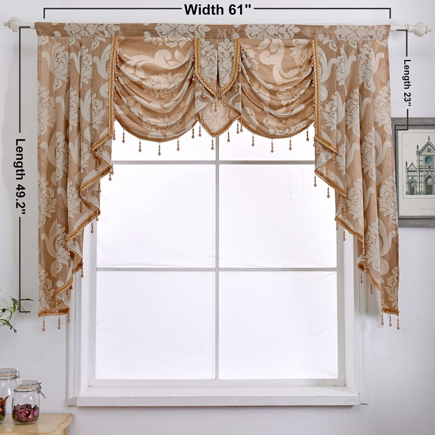 NAPEARL Waterfall Valance for Windows-Damask Valance for Living Room with Beads, Jacquard Swag Curtain Valance for Windows (1 Beige Valance, 61-Inch Wide)