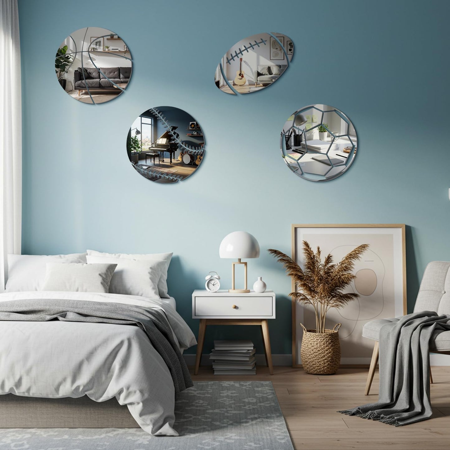 Kathfly 4 Pcs Sports Room Wall Mirror Decor Football Basketball Soccer Baseball Mirror Wall Decal Sticker for Sports Bedroom Nursery