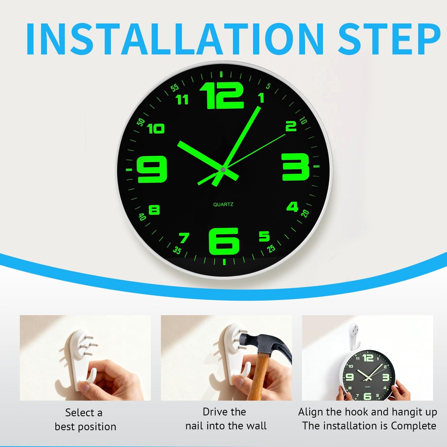 GadEdgen 12 inch Wall Clock Silent Wall Clocks Glow in The Dark Clocks Analog Battery Operated Night Light Clock Up Neon Modern Wall Clocks for Living Room, Bedroom, Kitchen, Bathroom, Home Decor