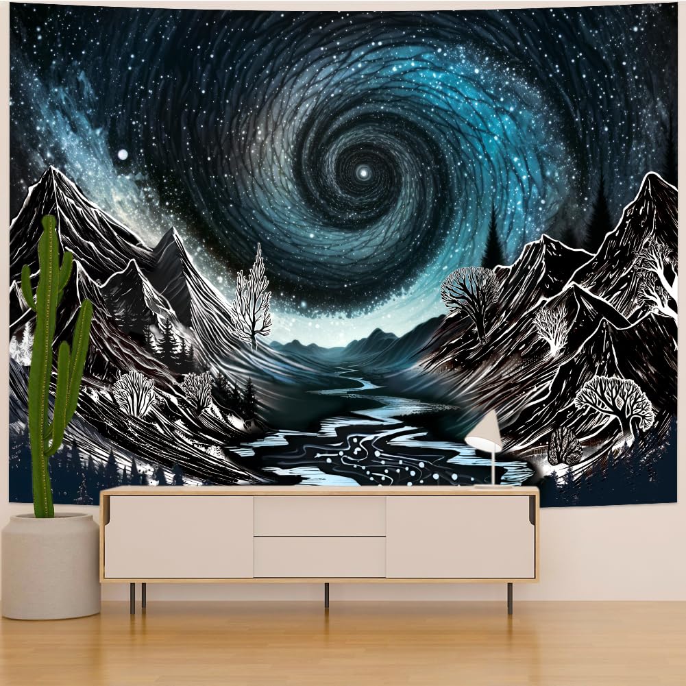 Maccyafst Black and White Mountain Tapestry Trippy Galaxy Stars Tapestries Magical Starry Night Tapestry Sketched Forest Trees Wall Hanging Nature River Landscape Background for Bedroom